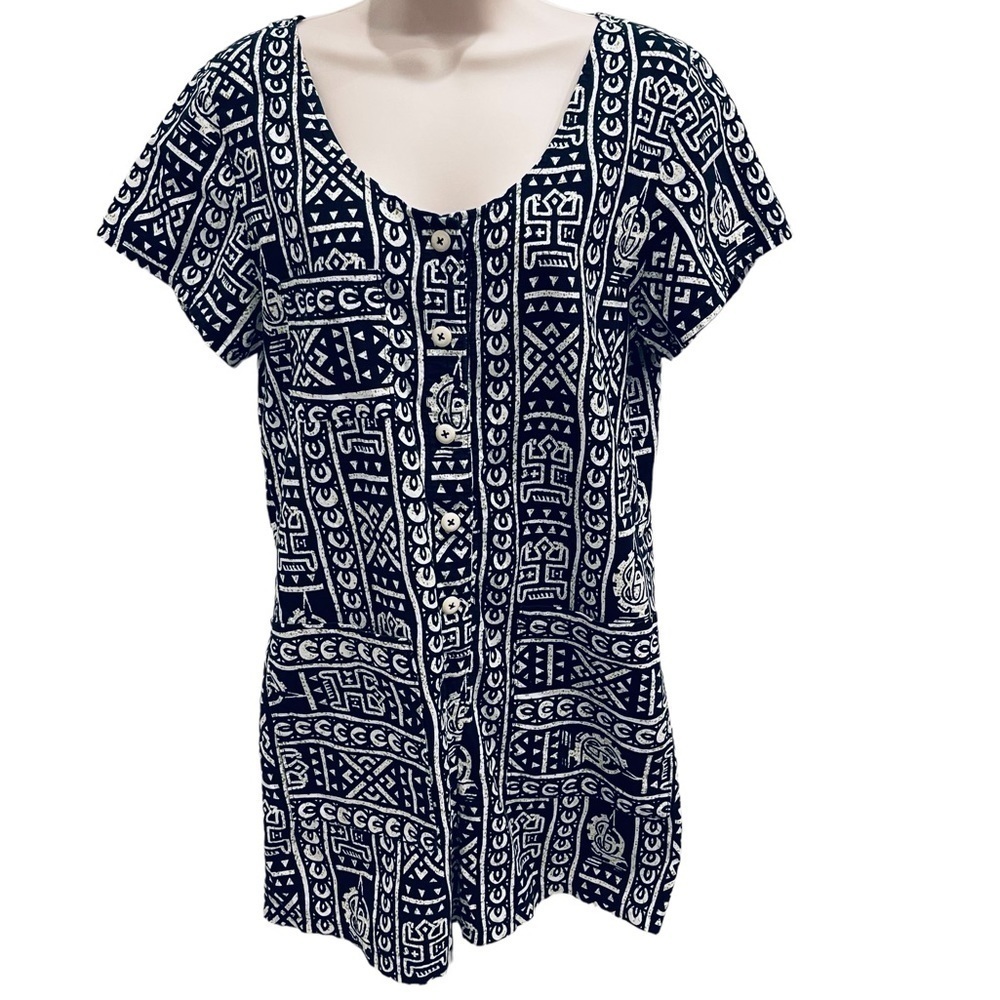 SARA BERGMAN Romper Button Down Short Sleeved Cotton pockets Aztec Tribal Print